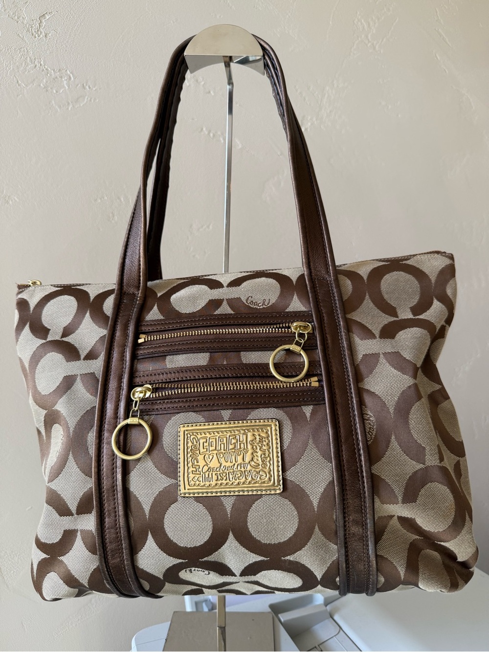 Coach poppy Brown and Cream Signature Canvas Tote with Gold Hardware